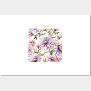 Watercolor Wildflower New England Aster Pattern 1 Posters and Art